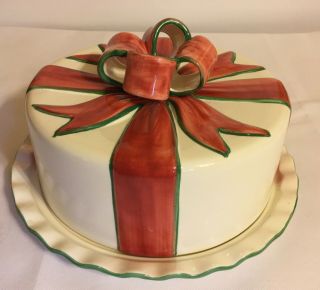 Gift Wrapped Cake Saver Bow Ribbon Red Green Christmas Colors Made In Portugal