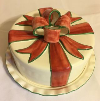 Gift Wrapped Cake Saver Bow Ribbon Red Green Christmas Colors Made In Portugal 3