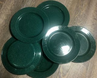 Vintage Set Of 6 Green 8 3/4 " Plates Splatterware Graniteware Enamelware Metal