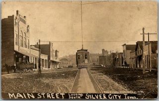 1912 Silver City,  Iowa Rppc Real Photo Postcard Main Street W/ Added Trolley