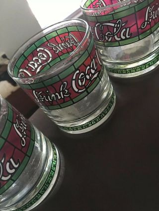 (3) Vintage Drink Coca Cola Glasses Red Green Tiffany Style Stained Glasses 3”