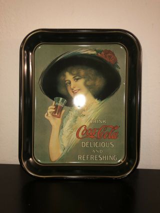 Coca - Cola Vintage Metal Green Tray - 1972 Hat Lady