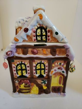 Gingerbread House Ceramic Christmas Cookie Jar Candy Canes Lollopops Icing Cute
