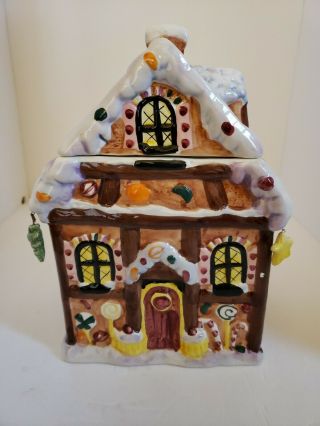 Gingerbread House Ceramic Christmas Cookie Jar Candy Canes Lollopops Icing CUTE 3