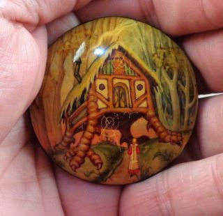 FAIRY TALE Baba Yaga COTTAGE Hand - Painted RUSSIAN Wooden BUTTON,  Signed,  LARGE 2