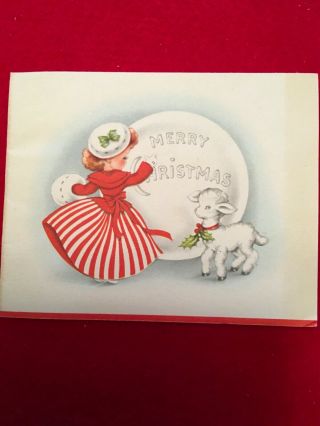 Vintage Girl In Red And White Striped Dress With Lamb Christmas Card
