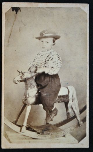 Cdv Of Young Boy Riding On Wooden Rocking Horse