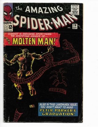 Spider - Man 28 - Vg 4.  0 - Origin & 1st Molten Man Appearance (1965)