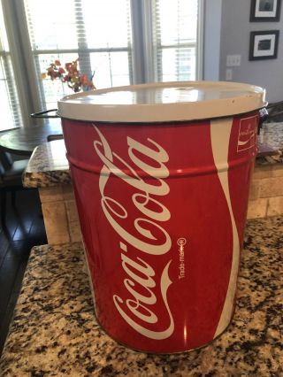 Vintage Large Coca Cola Tin Canister Can Container With Lid 13” Tall