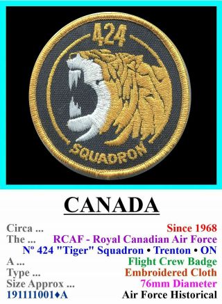 F/suit Badge • Canada • Rcaf Nº 424 " Tiger " Squdron • 1968 - Current • 191111001•a