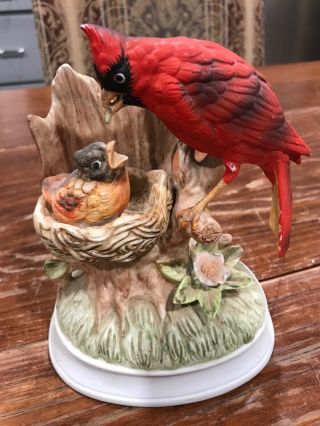 Music Box Gorham Porcelain Cardinal Red Bird Chick Baby Bird Nest Worm Japan