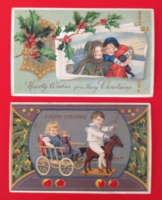 Hold - To - Light Christmas Postcards (2) Inset W/children,  Toy Horse,  Cart - Cute