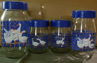 Vintage 1982 Carlton Glass Set Of Four (4) Blue Lid Country Geese Ducks Jars Usa