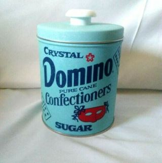 Crystal Domino Pure Cane Sugar Tin Vintage Kitchen Collectible 5.  5 " Tall Blue