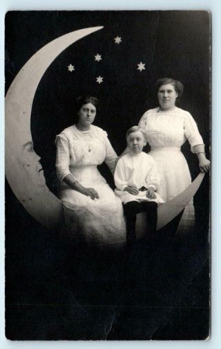 Rppc Paper Moon Women & Child Studio Photo 1912 Common Falls? Postcard