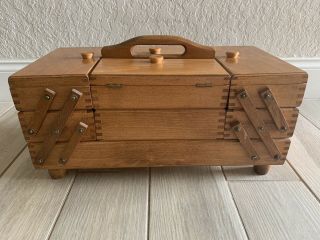 Vintage Solid Wood 3 Tier Accordion Style Fold Out Sewing Box