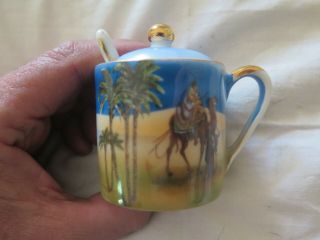 Noritake China Mustard Pot Camel & Palm Trees Desert Scene C1920s Blue Colours