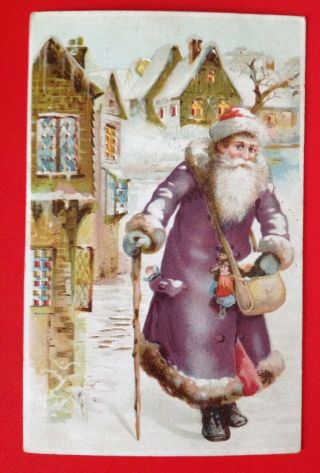 Hold - To - Light Santa Postcard - Santa In Purple Robe,  Walking Stick - A Lovely Card