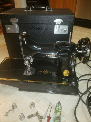 1950 Singer 221 Feather Weight Sewing Machine AJ585696 w/ Box Black 3
