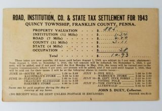 Road,  Institution,  State Property Tax Settlement 1943 Quincy Franklin County Pa
