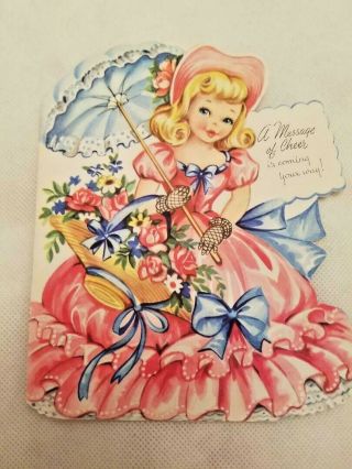 Vintage 1950s Die Cut Get Well Card Pretty Southern Belle Ladies W/parasols