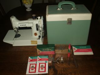 Singer 221k Green Featherweight Sewing Machine Case & Attachments
