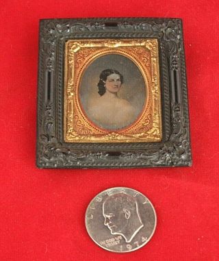 Antique Ambrotype Photo Woman Portrait W/ Frame Oval Ninth Plate Mid - 1800s 4x3 "