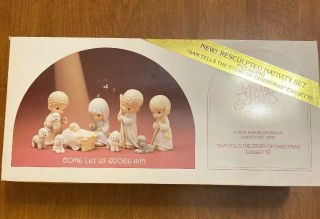 Precious Moments 9 Piece Porcelain Bisque Nativity Set Box No Cassette/