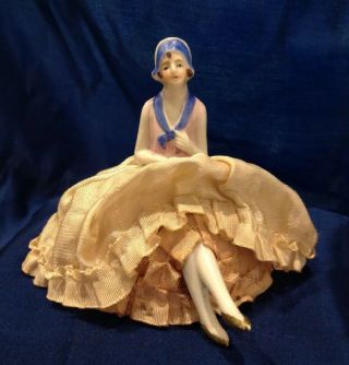 Antique Pincushion Half Doll Crossed Legs Silk Skirts Tiny Flapper 3.  5 "