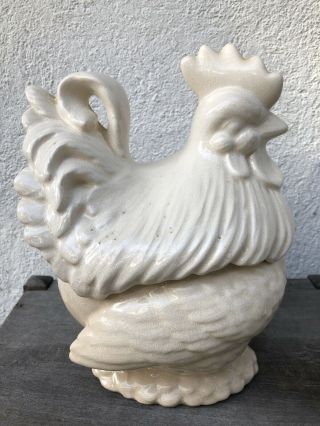 Large Ceramic Rooster Figurine Cookie Jar Canister White Cream Farmhouse Decor
