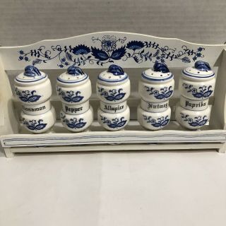 Vintage Set Of Five Blue Delft Spice Jars & Wooden Spice Rack Japan Blue Onion
