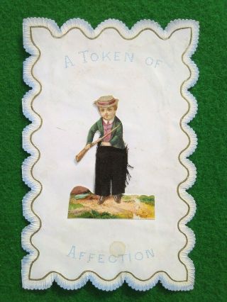 Victorian Valentine Card Shaped Edge,  Applique Boy Wearing Real Fabric Trousers