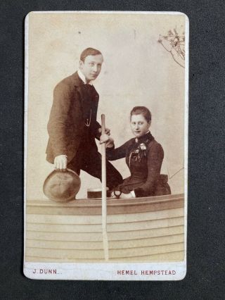 Victorian Carte De Visite Cdv: Couple Studio Posed In Boat: Dunn Hemel Hempstead