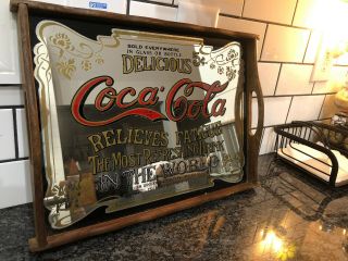 Coca - Cola Serving Tray Mirrored True Vintage 1970s Wood Barware Decor
