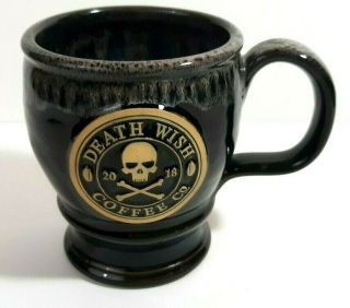 Death Wish Coffee Mug Black Ceramic 2018 Skull Crossbones Deneen Pottery