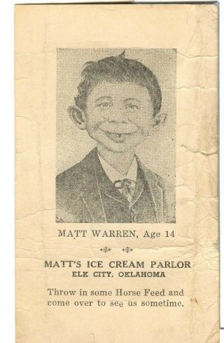 Alfred E.  Newman Before Mad Mag.  Elk City,  Okla.  Ice Cream Parlor On Postal Card