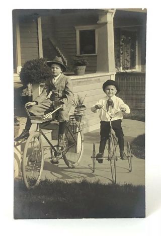 Vintage Antique B/w Photograph Snapshot Two Boys Riding Bicycle Tricycle 1917