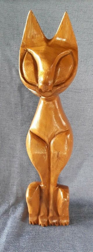 Vtg Mid Century Modern Siamese Cat Carved Wood Wooden Cat Figurine 14 1/2 "