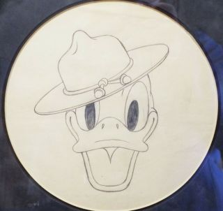 Old Donald Duck Military Hat Pencil Drawing Attributed To Walt Disney Studios