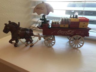Vintage Coca Cola Cast Iron Horse Drawn Wagon Umbrella Cases Bottles Coke 2