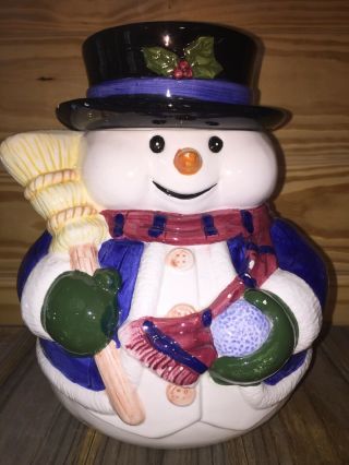 Ckro Snowman Cookie Jar With Top Hat Holding Broom & Blue Snowball