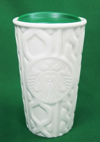 Starbucks White Cable Knit W/ Siren Tall Travel Tumbler W/ Lid Ceramic Mug Exc