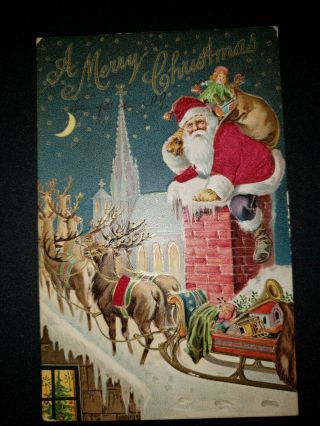 Vintage Christmas Post Card 1907 Embossed With Velvet Santa Claus