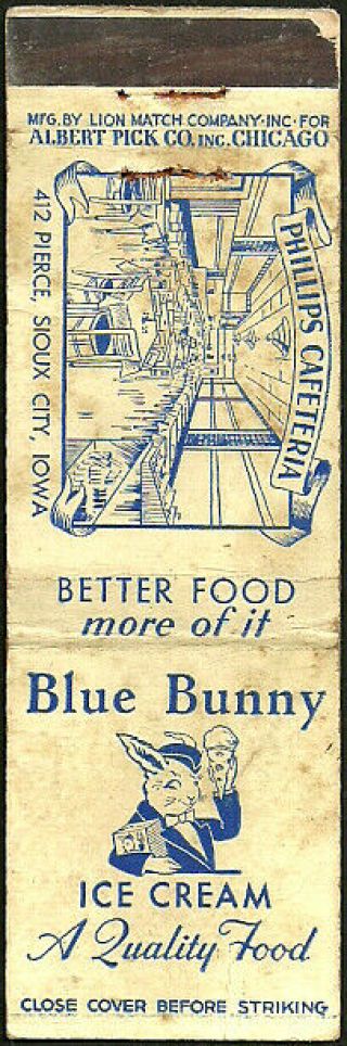 Old Blue Bunny Ice Cream Phillips Cafeteria Matchcover Sioux City,  Ia Iowa