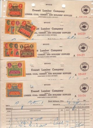 1947 5 Sales Invoices With Ohio State Tax Stamps Everett Lumber North Baltimore
