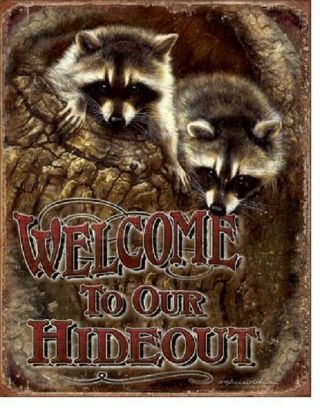 Welcome To Our Hideout Raccoons House Rustic Cabin Wall Decor Metal Tin Sign