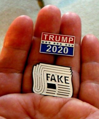 Two Trump Pins - - Trump 2020 Pin And " Fake News " Black & White Newspaper Pin