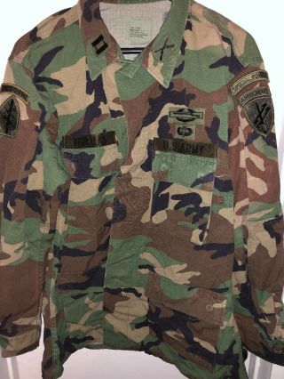 Us Army Woodland Camo Shirt Sz Lrg - Reg Cpt Green Beret Airborne & Cib Patches