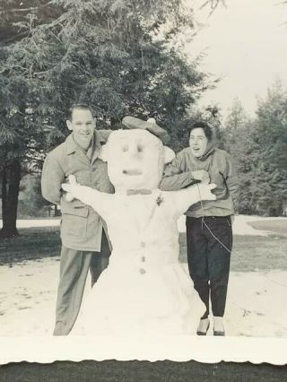 Antique Vintage Snapshot Photo Man Woman Snowman Winter Christmas Snow