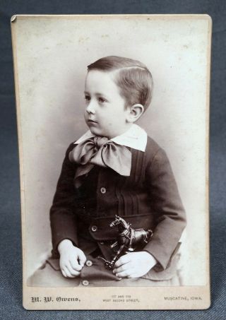 Little Boy Holding Metal Horse Toy Antique Cabinet Card Photograph Muscatine Ia